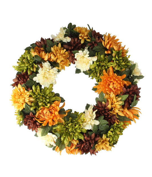 Autumn Orange and Green Chrysanthemum Artificial Thanksgiving Wreath Multi