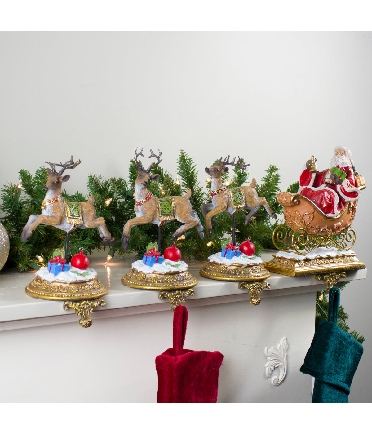  Santa & Reindeer Christmas Stocking Holders Set of 4 - Gold - Bonton