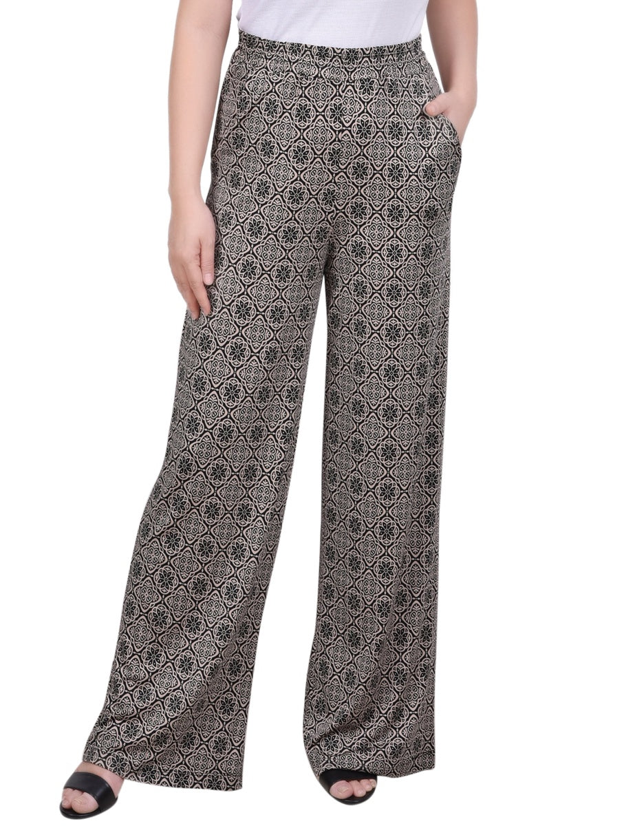  NY Collection Petite Wide Leg Pull on Pant - Black Navy Abstract - Bonton