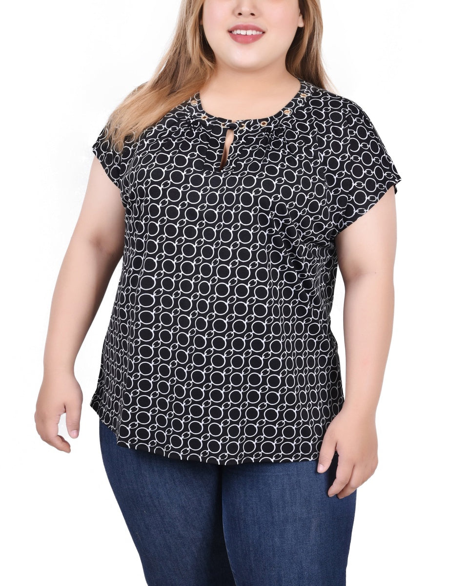  NY Collection Plus Size Extended Sleeve Top With Grommets - Black Blue Taupe Abstract - Bonton