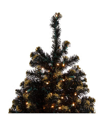 Black Crystal Pine with Gold Glitter Artificial Christmas Tree with Pre-Lit LED Clear Lights, 7.5'