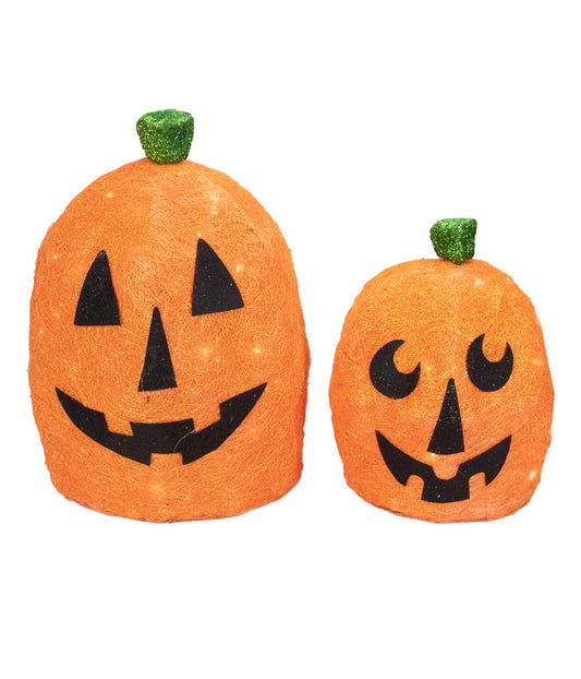 Orange Lighted Sisal Pumpkins Outdoor Halloween Decorations Set of 2