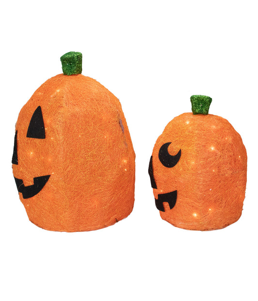 Orange Lighted Sisal Pumpkins Outdoor Halloween Decorations Set of 2