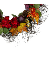 Mums and Pomegranates Artificial Fall Harvest Floral Wreath Red