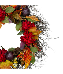 Mums and Pomegranates Artificial Fall Harvest Floral Wreath Red