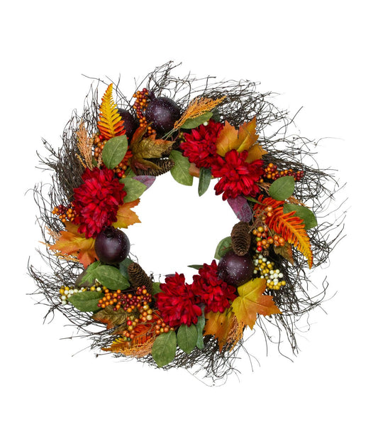 Mums and Pomegranates Artificial Fall Harvest Floral Wreath Red