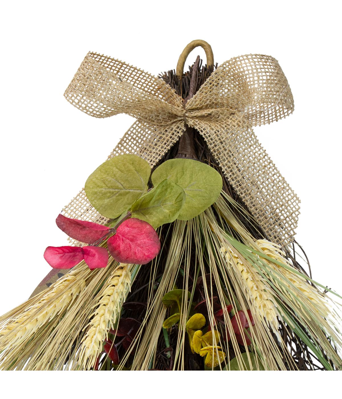  Autumn Harvest Wheat and Eucalyptus with Feathers Teardrop Swag Red - Red - Bonton