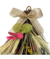 Autumn Harvest Wheat and Eucalyptus with Feathers Teardrop Swag Red