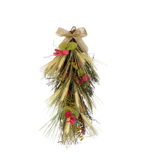 Autumn Harvest Wheat and Eucalyptus with Feathers Teardrop Swag Red