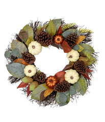 Pumpkin Pinecone and Gourd Artificial Fall Harvest Wreath Green