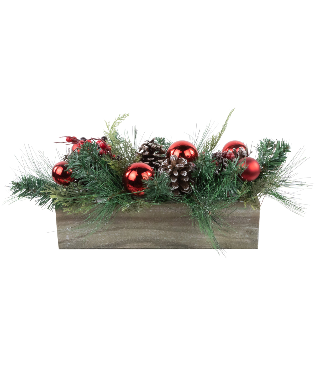  Pine & Red Ornaments Artificial Christmas Arrangement in Wood Planter 24