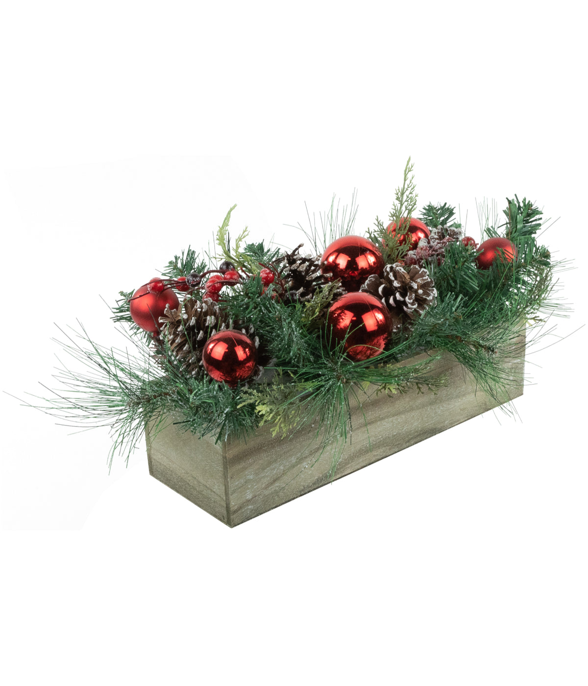  Pine & Red Ornaments Artificial Christmas Arrangement in Wood Planter 24