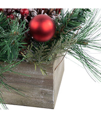 Pine & Red Ornaments Artificial Christmas Arrangement in Wood Planter 24"