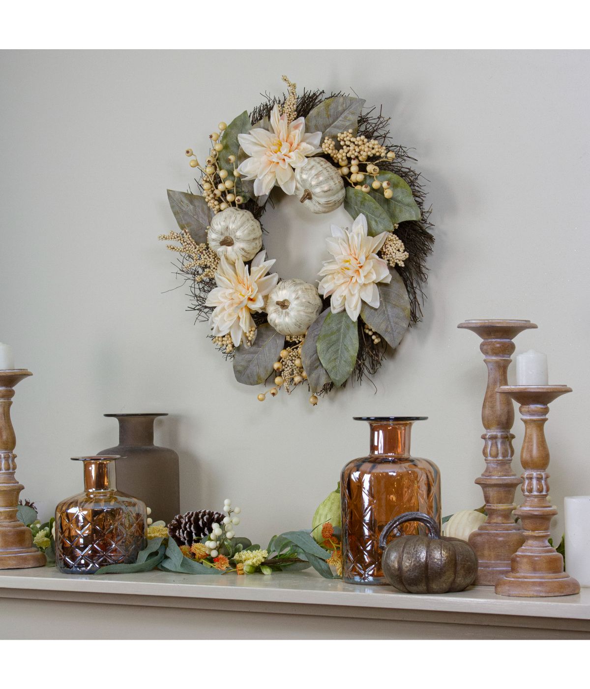  Dahlia and Pumpkin Fall Artificial Floral Wreath White - White - Bonton