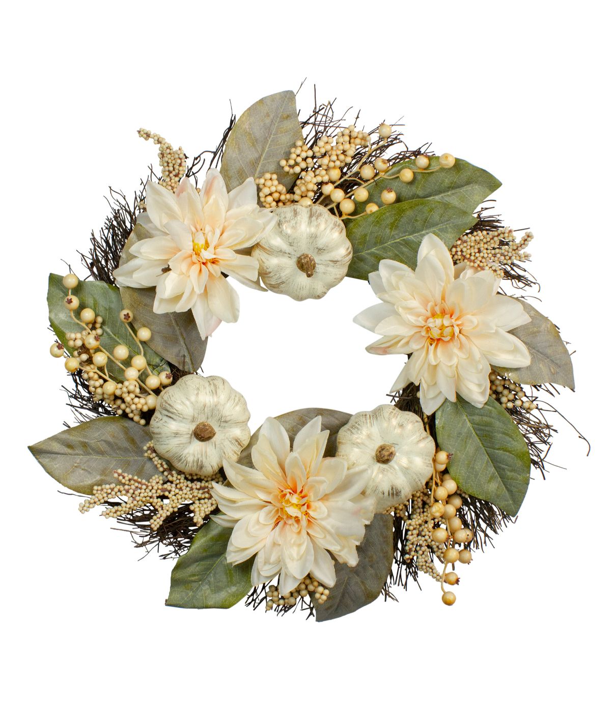  Dahlia and Pumpkin Fall Artificial Floral Wreath White - White - Bonton