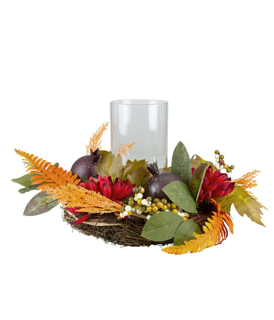 Mums with Pomegranate Fall Candle Holder Centerpiece Red