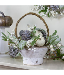 Green and Gold Pumpkin and Leaves Artificial Thanksgiving Basket Green