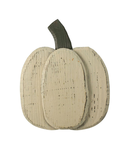 Small White Wooden Fall Harvest Pumpkin with Stem White