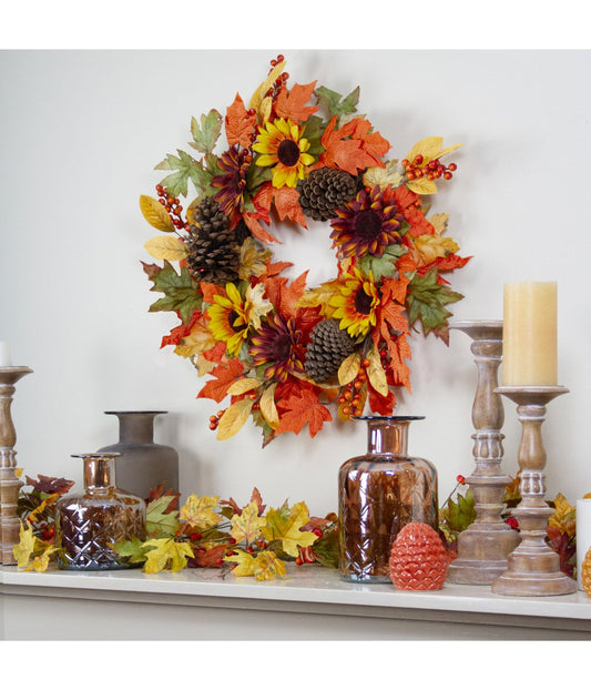 Sunflower and Pine Cone Artificial Thanksgiving Wreath Orange