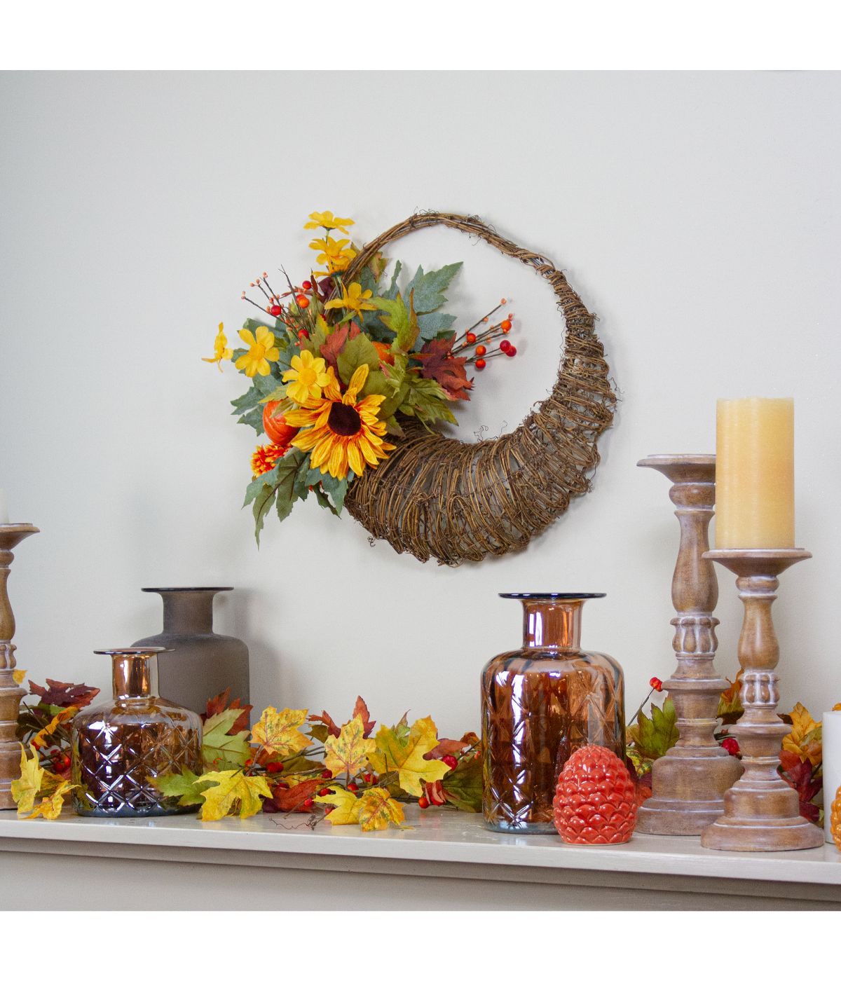  Cornucopia and Sunflower with Pumpkins Artificial Thanksgiving Wreath Brown - Brown - Bonton