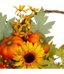 Cornucopia and Sunflower with Pumpkins Artificial Thanksgiving Wreath Brown