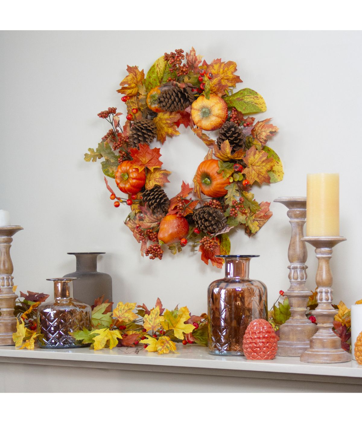  Orange Pumpkins Pine Cones and Berries Fall Harvest Wreath Orange - Orange - Bonton