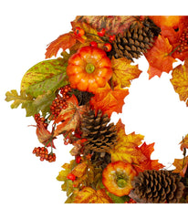 Orange Pumpkins Pine Cones and Berries Fall Harvest Wreath Orange