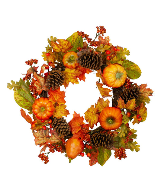 Orange Pumpkins Pine Cones and Berries Fall Harvest Wreath Orange