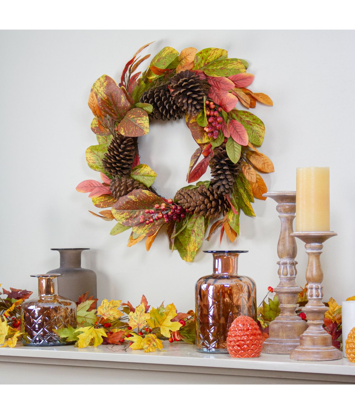  Leaves and Berries Twig Artificial Thanksgiving Wreath Brown - Brown - Bonton