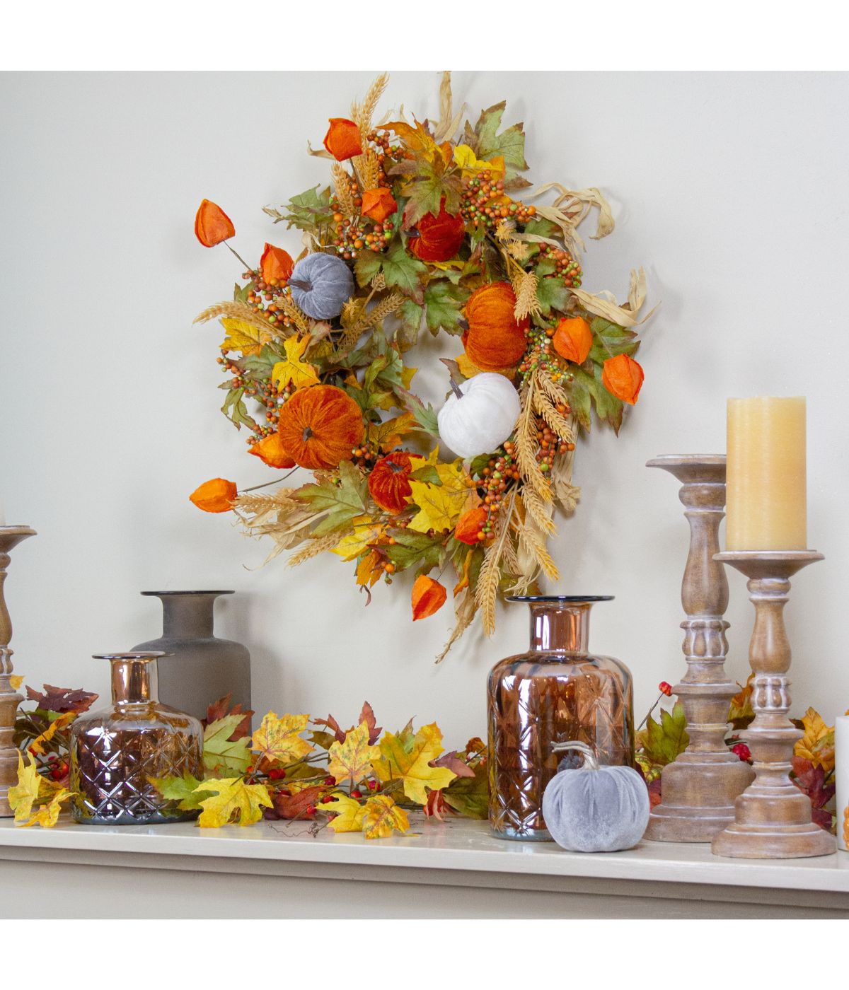  Velvet Pumpkins and Wheat Artificial Fall Harvest Wreath Orange - Orange - Bonton