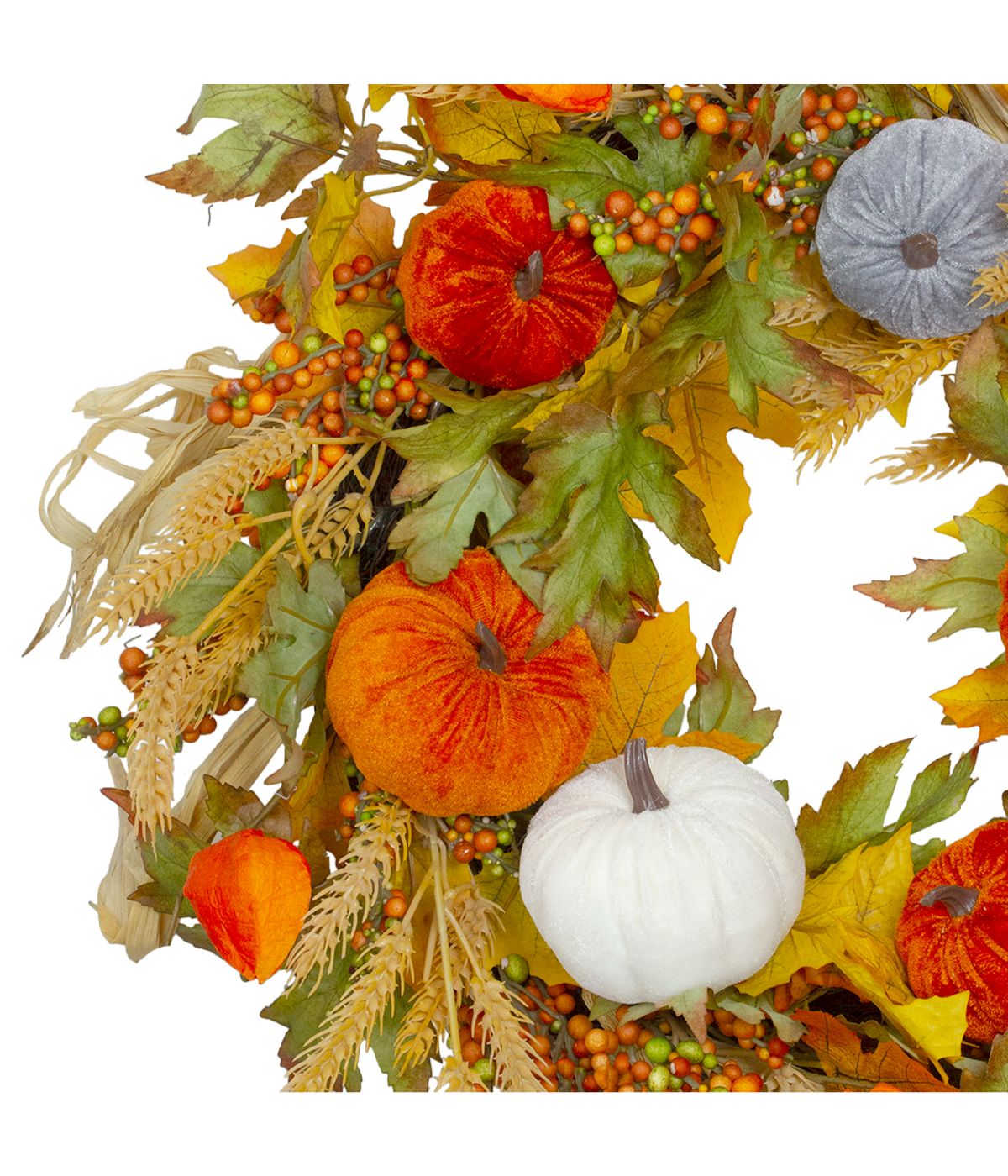  Velvet Pumpkins and Wheat Artificial Fall Harvest Wreath Orange - Orange - Bonton