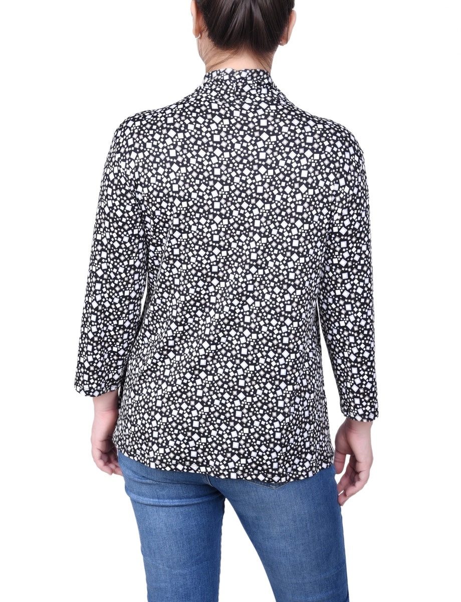  NY Collection Petite Puff Print 3/4 Sleeve Two-Fer Top - Jester Red Ivory Geo - Bonton