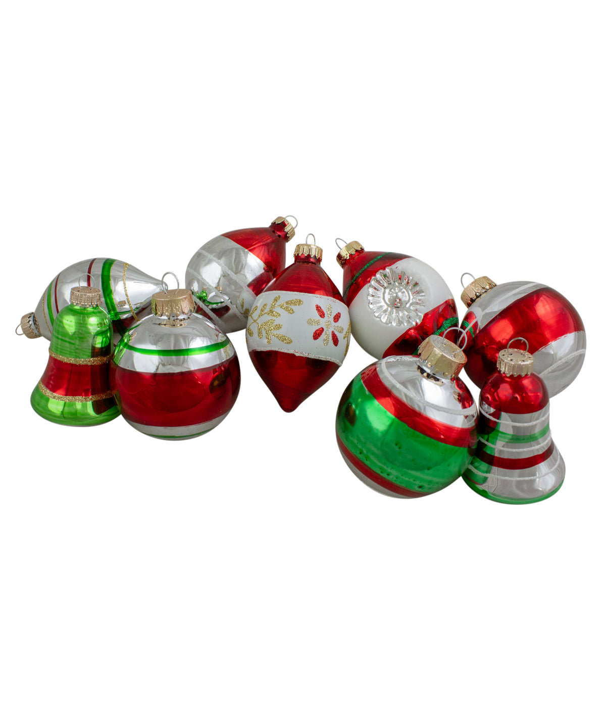  Silver & Red Striped Glass Christmas Ornaments Set of 9, 3.25