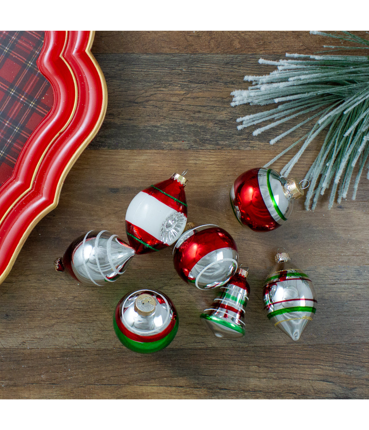  Silver & Red Striped Glass Christmas Ornaments Set of 9, 3.25