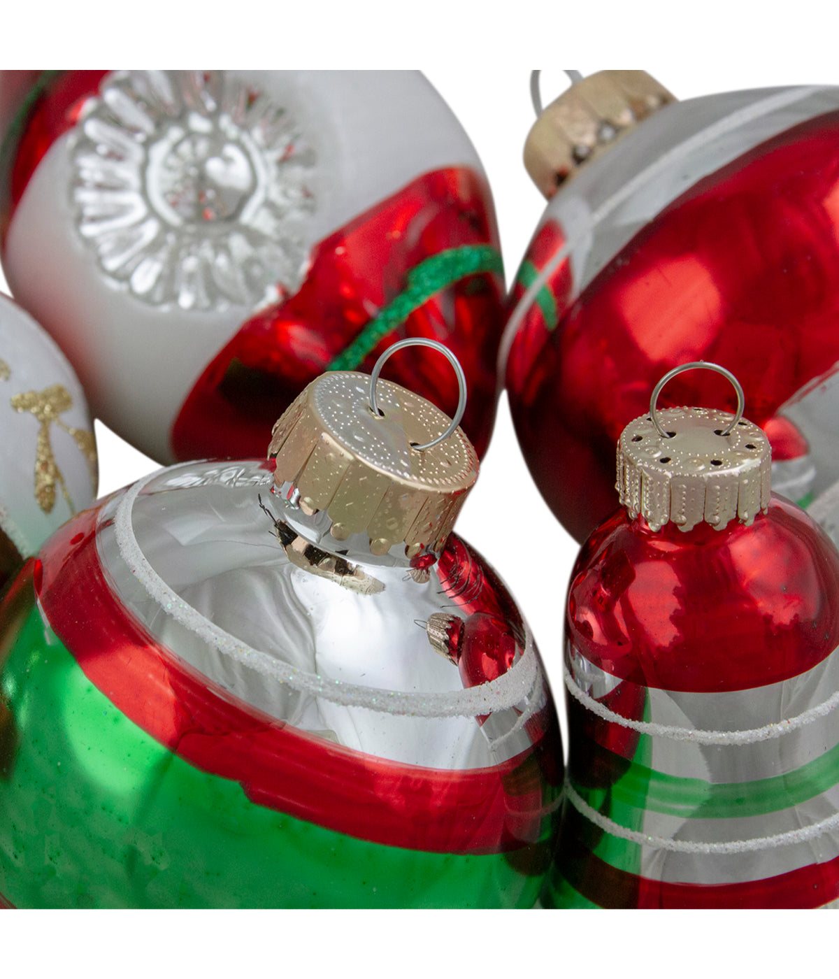  Silver & Red Striped Glass Christmas Ornaments Set of 9, 3.25