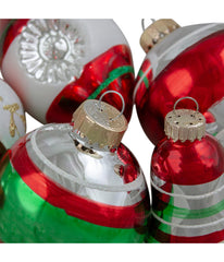 Silver & Red Striped Glass Christmas Ornaments Set of 9, 3.25"