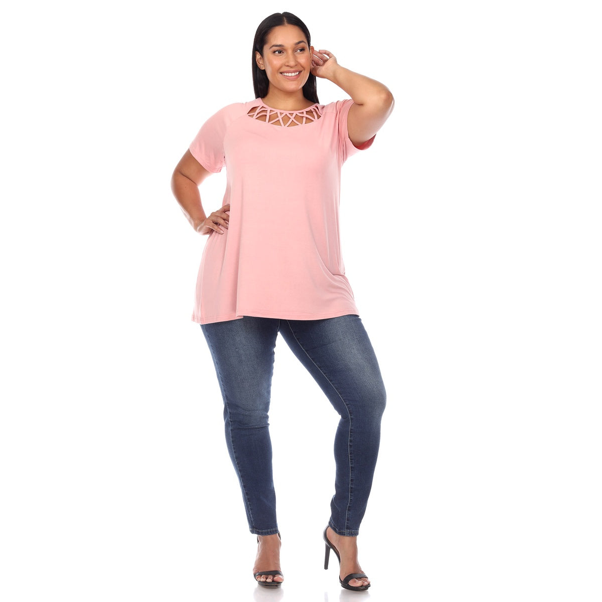  White Mark Plus Size Crisscross Cutout Short Sleeve Top - 1X - Bonton