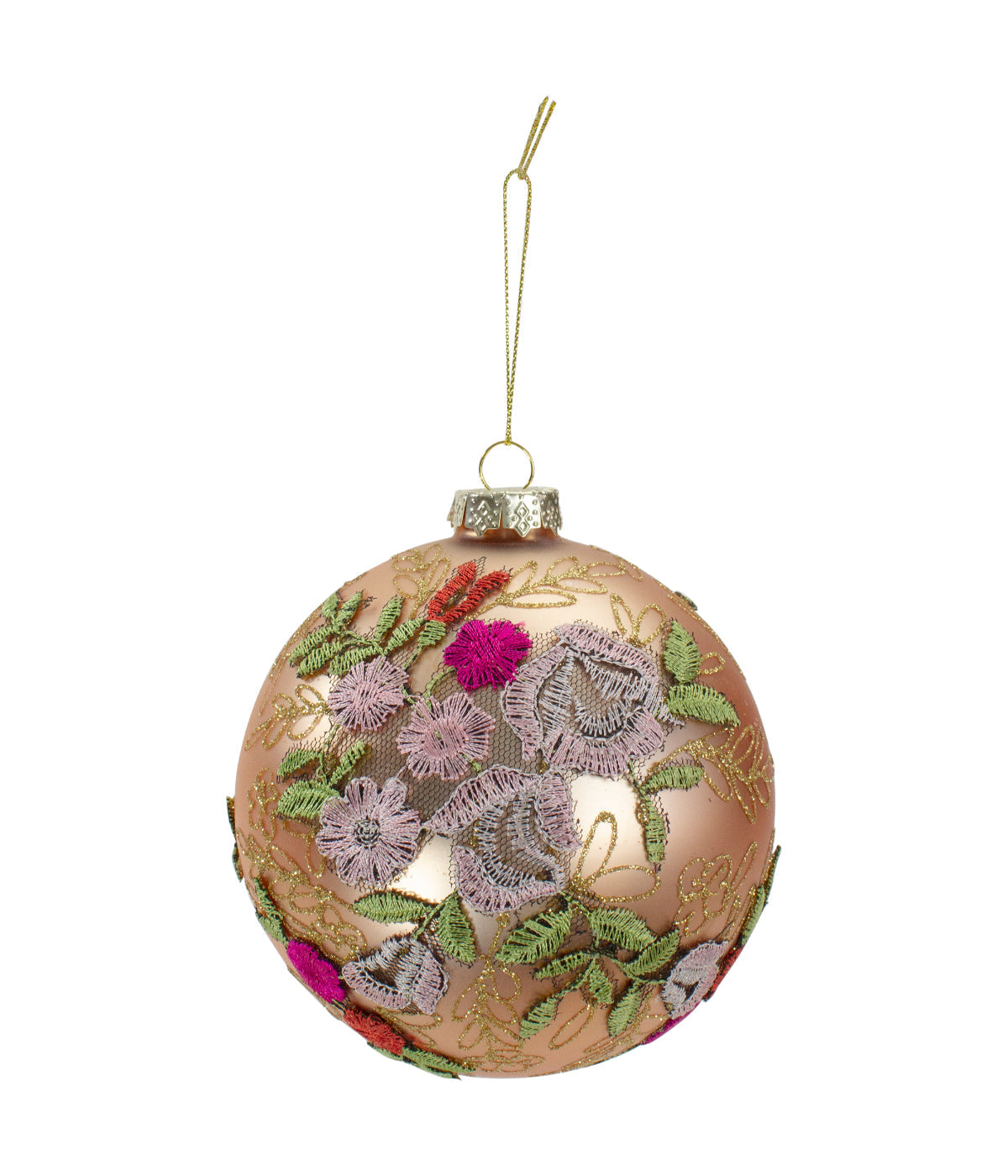  Pink Floral Applique Glass Ball Christmas Ornament, 4.5