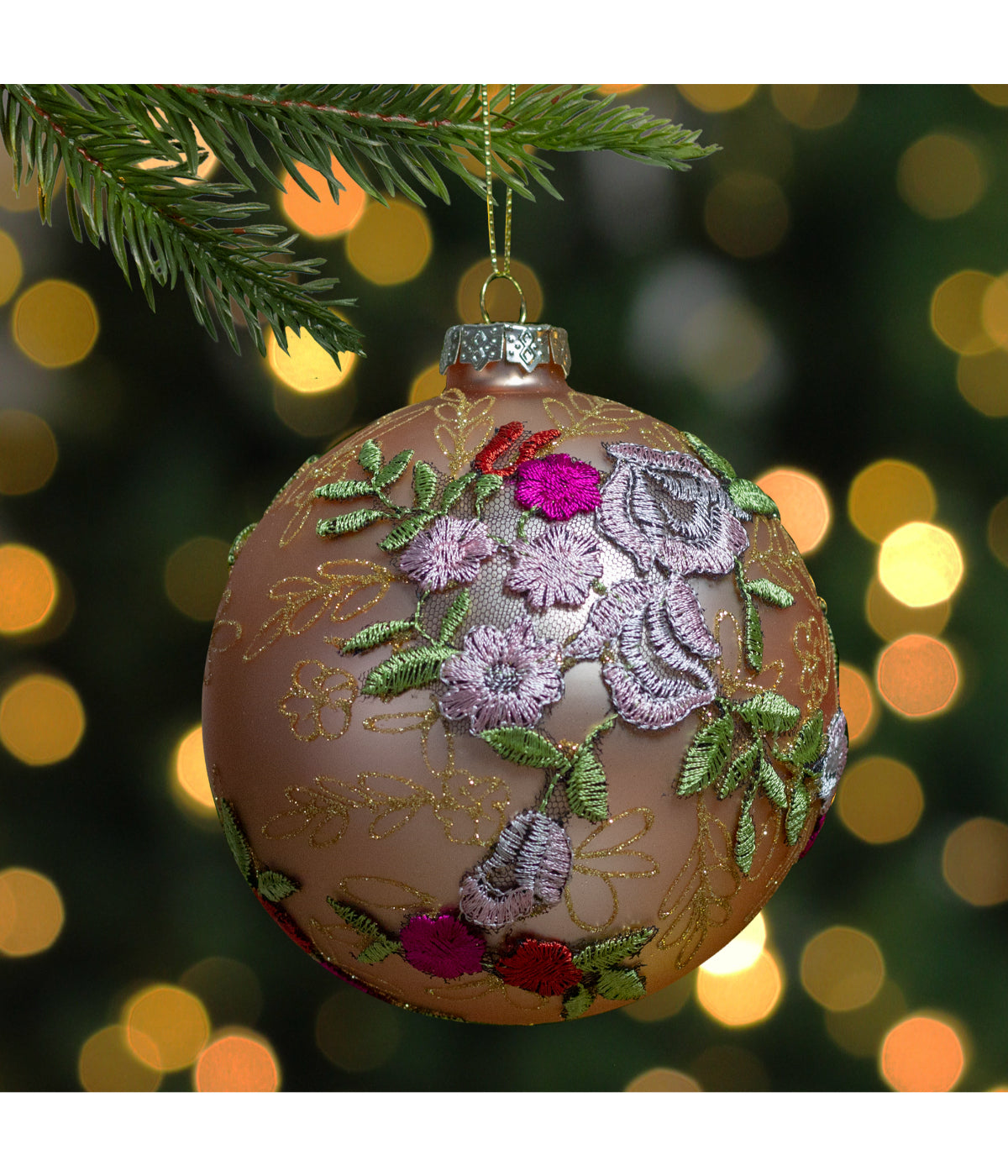  Pink Floral Applique Glass Ball Christmas Ornament, 4.5