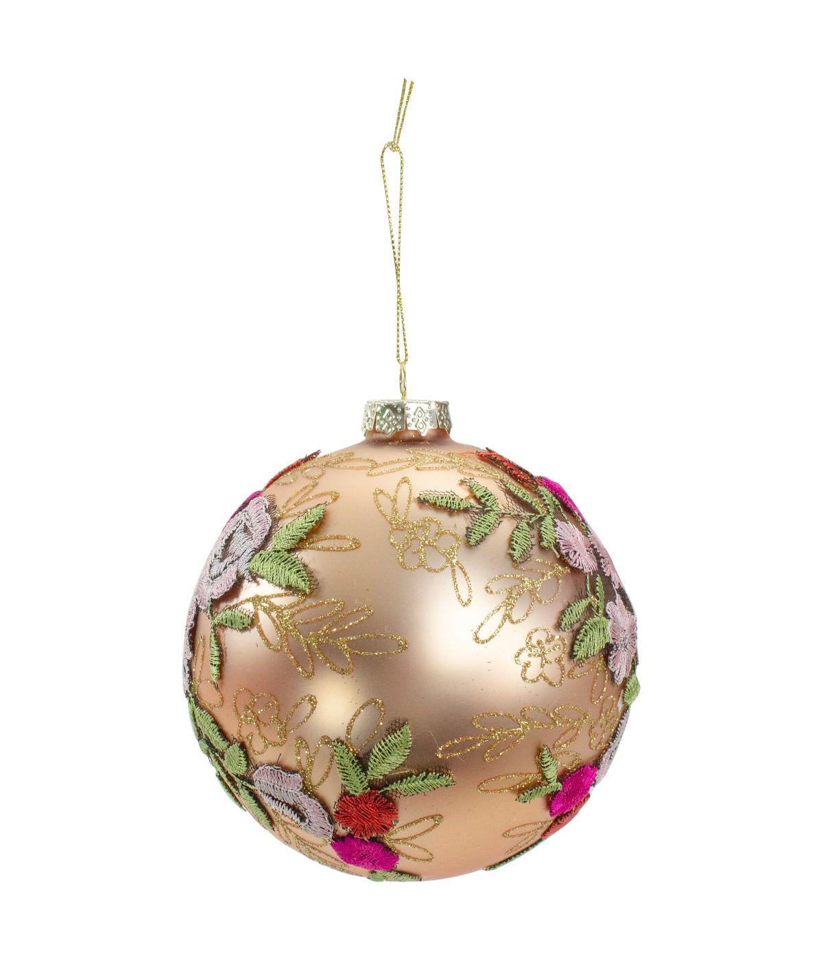  Pink Floral Applique Glass Ball Christmas Ornament, 4.5