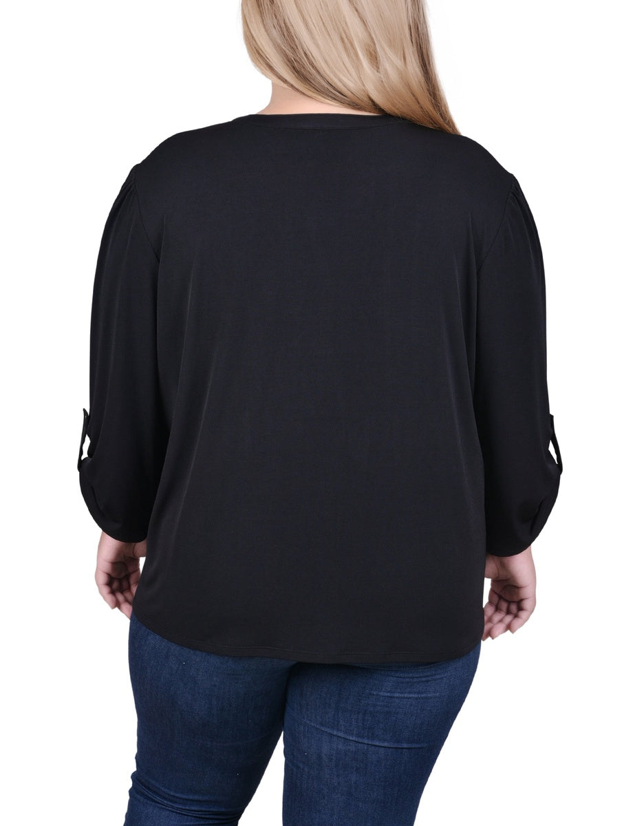  NY Collection Plus Size Long Sleeve Pintuck Front Top With Chain Details - Animal Lilas Dot - Bonton