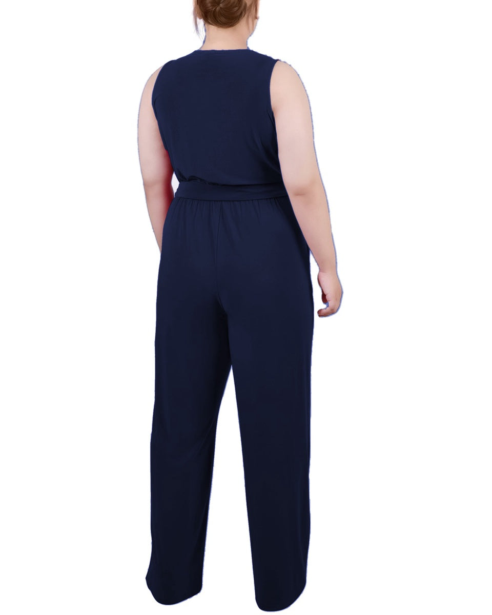  NY Collection Plus Size Sleeveless Belted Jumpsuit - Beet Red - Bonton