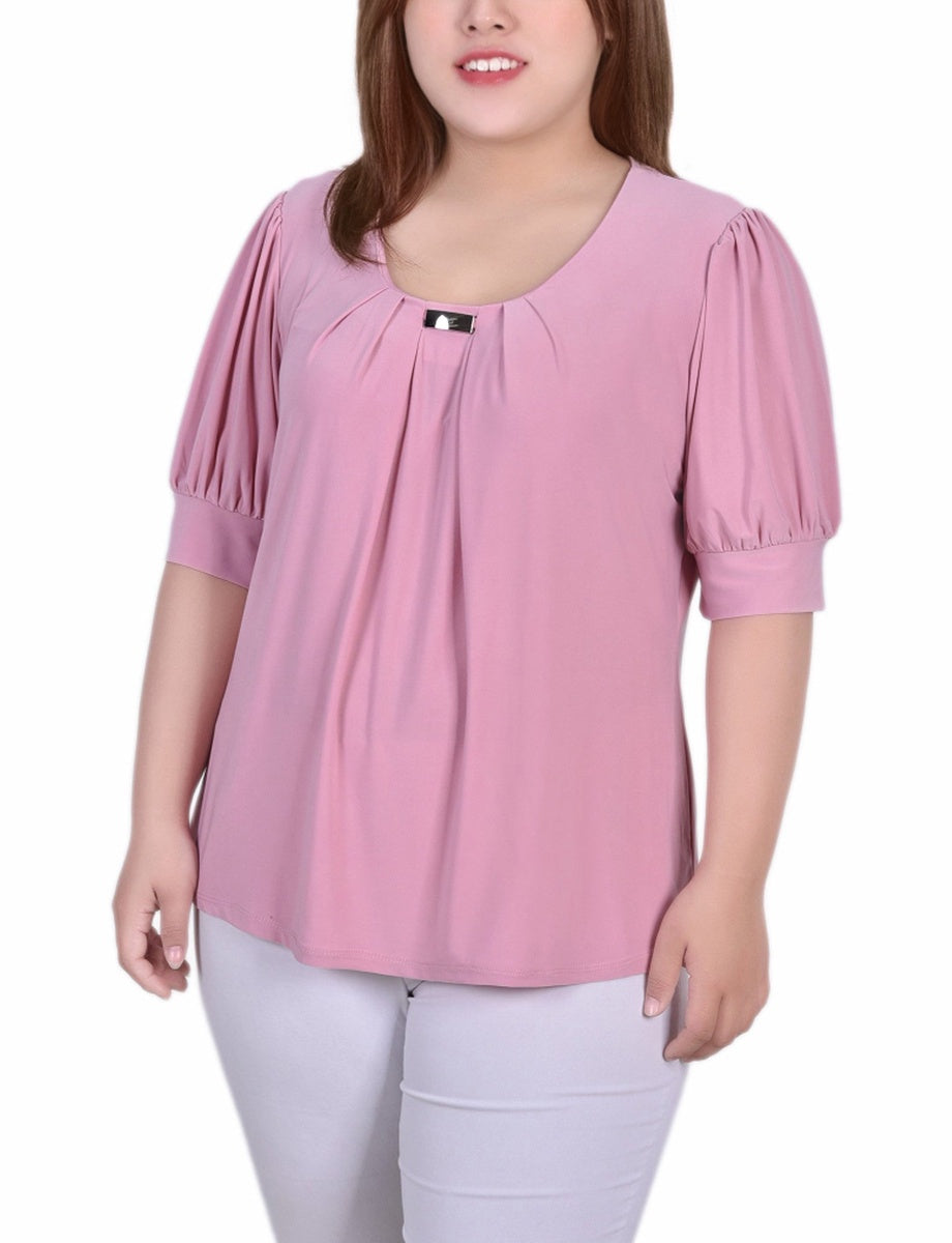  NY Collection Plus Size Short Sleeve Balloon Sleeve Top With Hardware - Bittersweet - Bonton