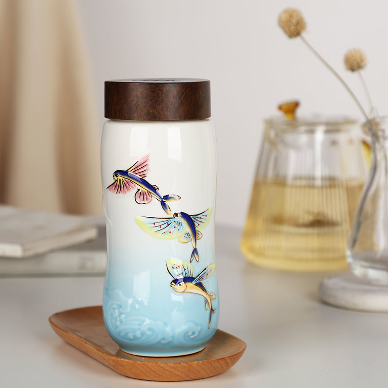  Acera The Joy of Fish Travel Mug ( Double Wall ) - White with Red Fishes (Hand- painted) - Bonton