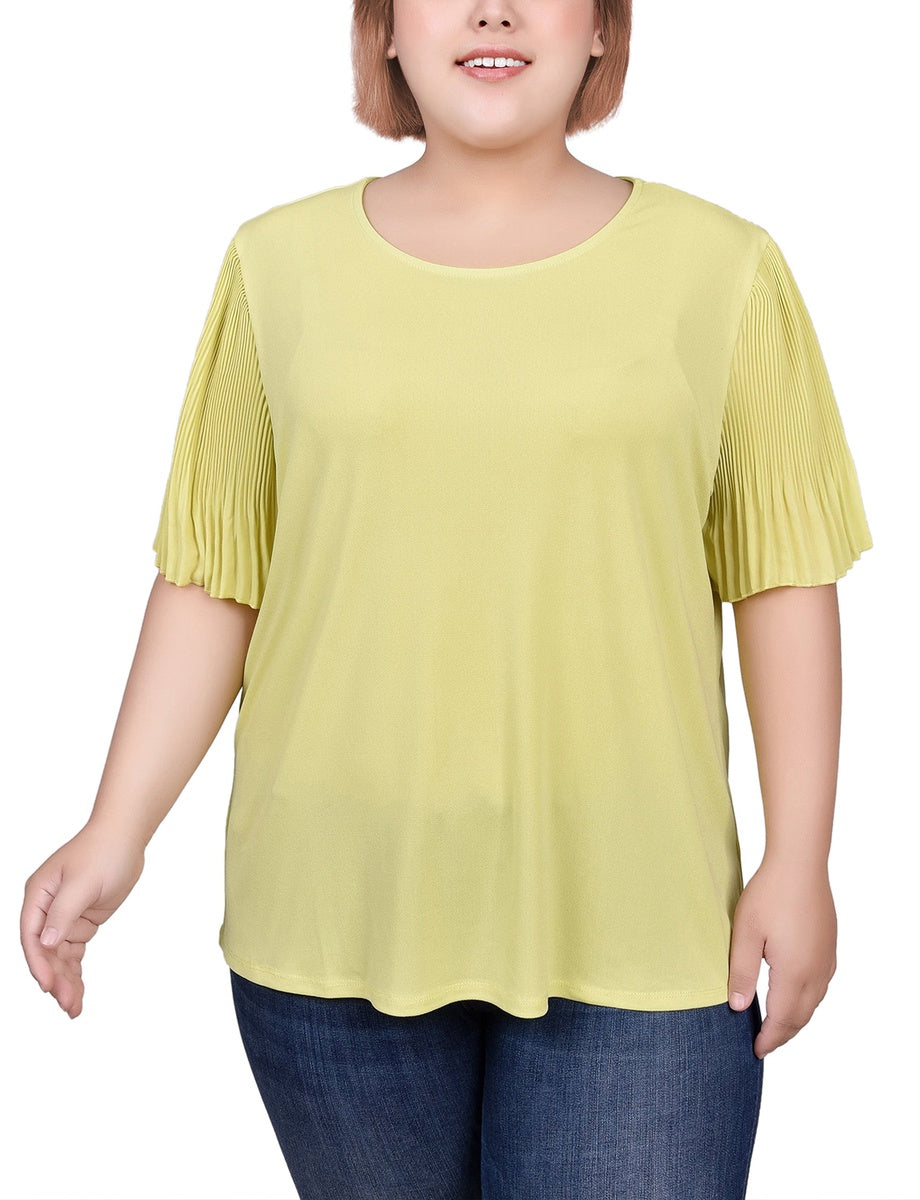  NY Collection Plus Size Pleated-Sleeve Top - White Black Dotcircles - Bonton