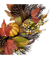 Sunflower, Pumpkin Foliage and Pine Cone Fall Harvest Wreath Orange