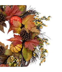 Sunflower, Pumpkin Foliage and Pine Cone Fall Harvest Wreath Orange