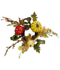 Pumpkin, Berries Foliage and Pine Cone Fall Harvest Wreath Orange