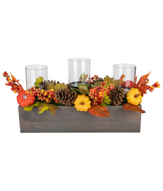 Pumpkin, Berry and Pine Cone Fall Harvest Triple Pillar Candle Holder Orange