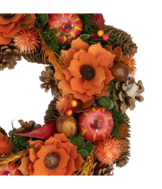 Autumn Harvest Orange Flowers and Gourds Pine Cone Wreath Orange